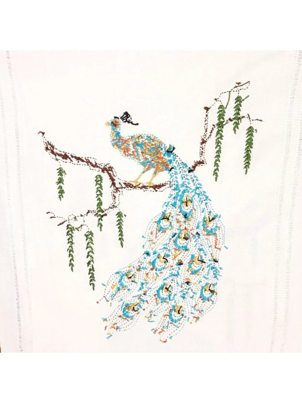 Hand-Embroidered White Cotton Table Runner With Colorful Peacock Design 14 x 36